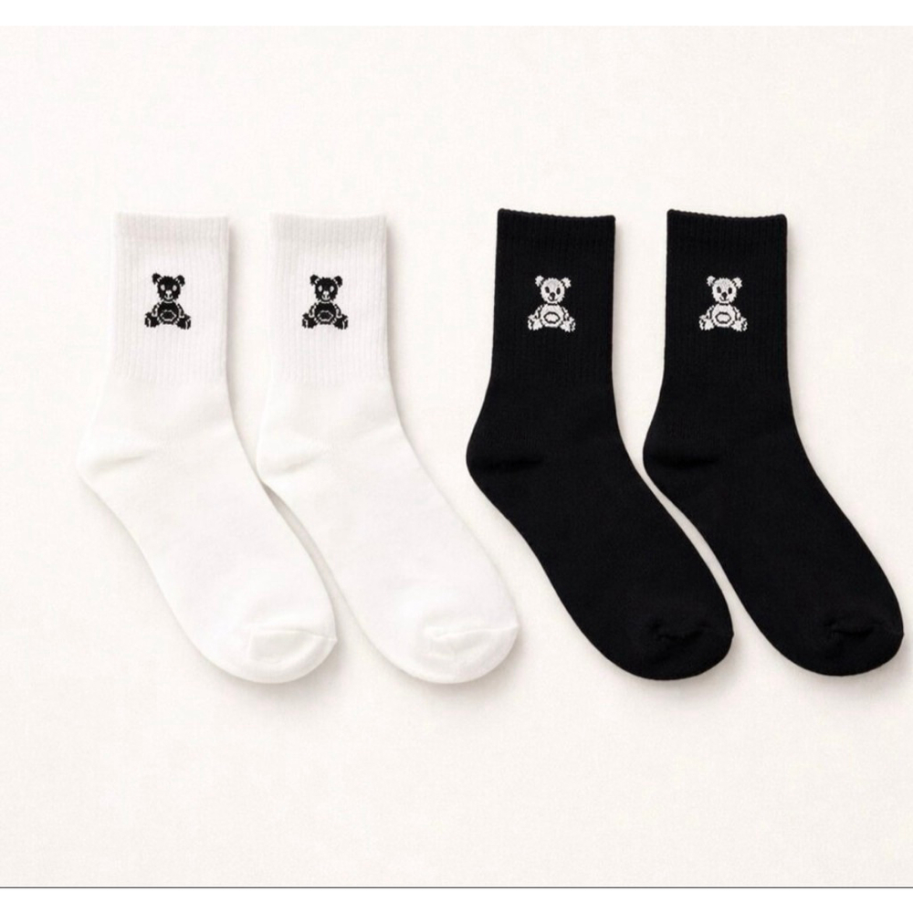 Zenana Bear Embroidered Crew Socks 2 Pack Black White Cotton Cute Minimalist NWT